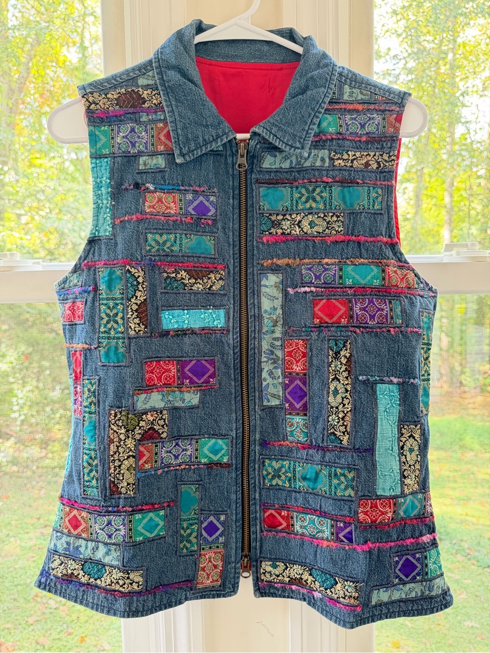 Coldwater Creek patchwork denim vest bohemian cottagecore collar double zip